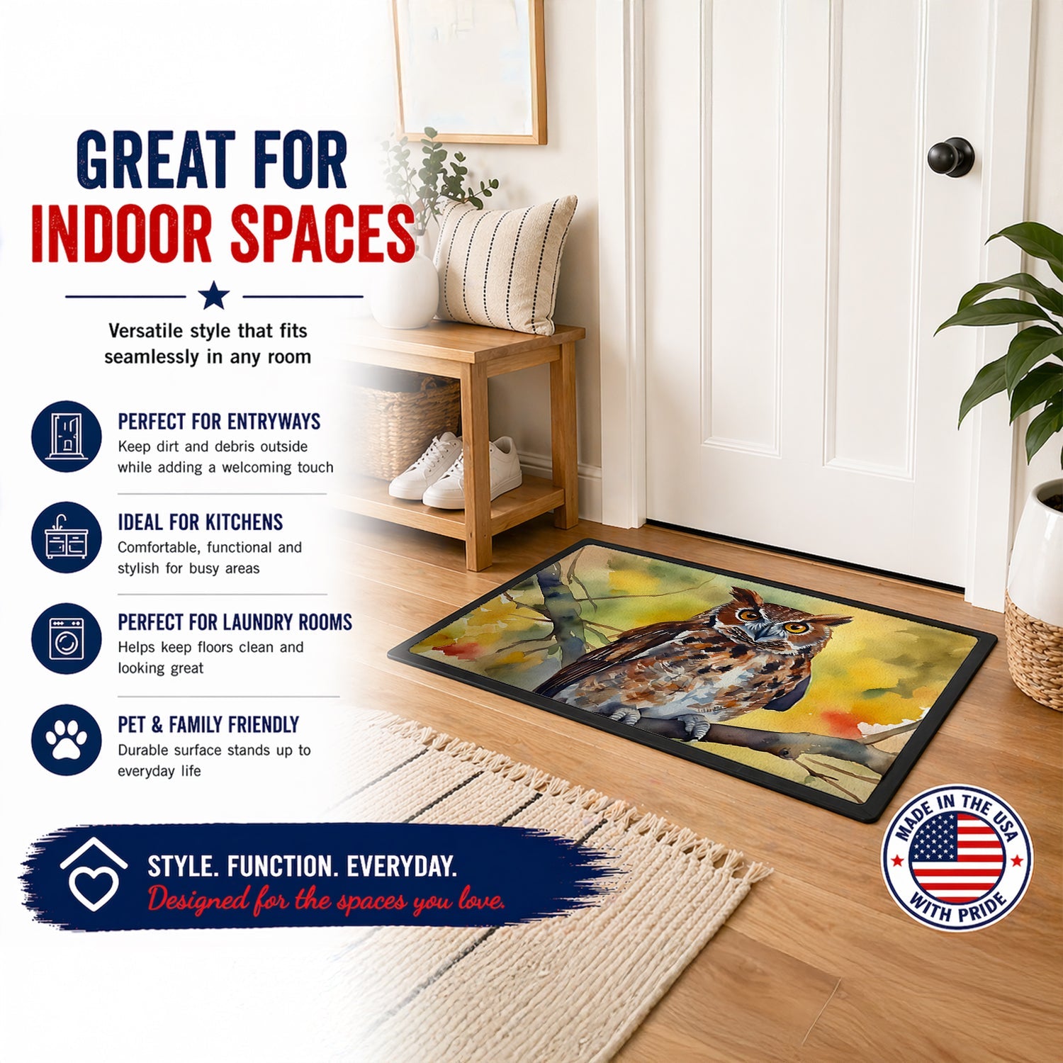 Eastern Screech Owl Wildlife Portrait Doormat Indoor Outdoor 24H X 36W Front Door Mat Rugs for Entryway, Non Slip Washable Low Pile,
