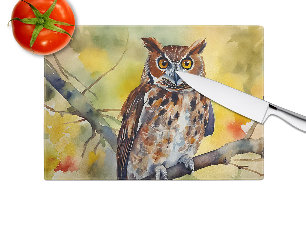 Eastern Screech Owl Wildlife Portrait Cutting Board Tempered Glass Kitchen Cutting Surface, Heat Resistant Chopping, Non-Slip Feet, Food Prep & Serving