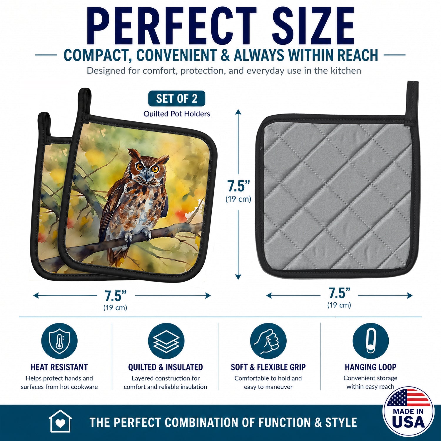 Eastern Screech Owl Wildlife Portrait Pot Holder Set of 2 Heat Resistant Quilted Hot Pads 7.5 x 7.5 Inch, Insulated Kitchen Trivets for Cooking & Baking