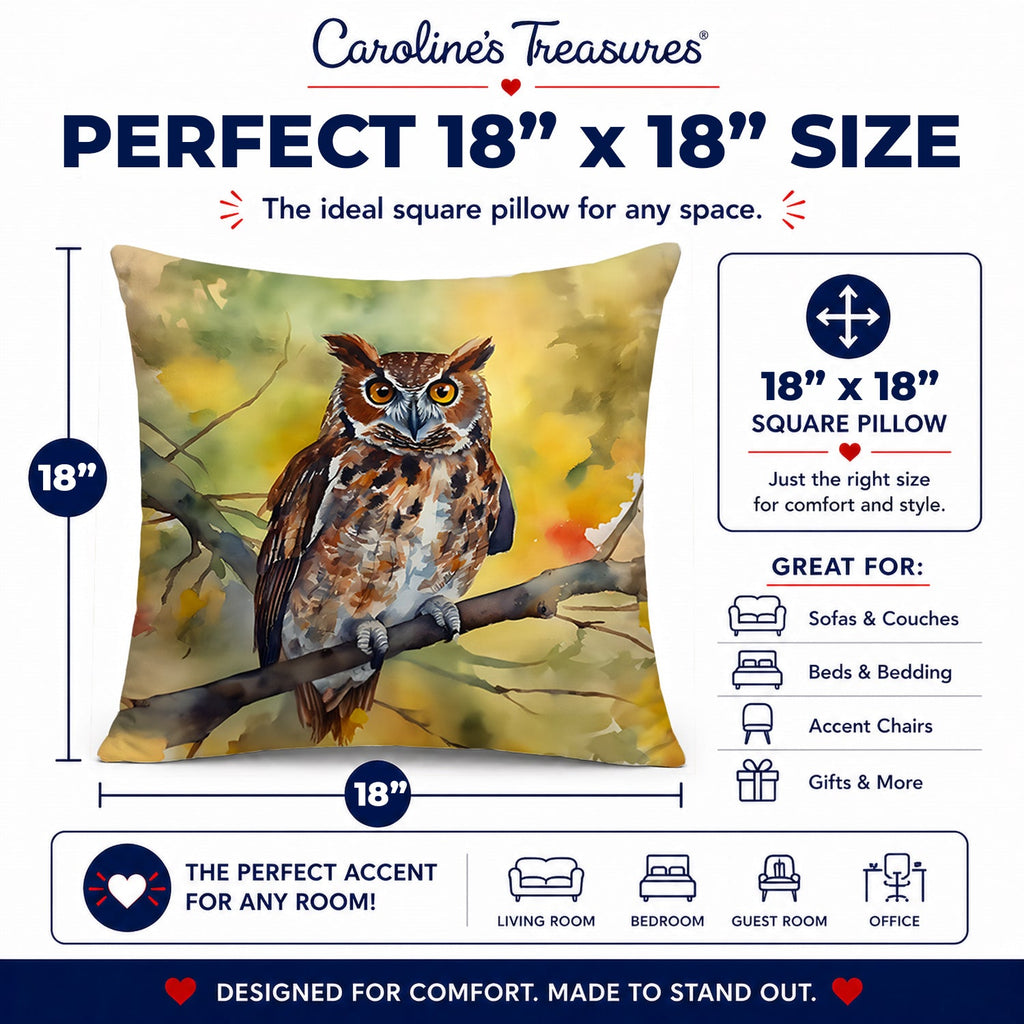 Eastern Screech Owl Wildlife Portrait Decorative Throw Pillow 18x18 Indoor Outdoor Accent Cushion, Fabric Cover with Insert for Sofa, Bed, Porch & Living Room