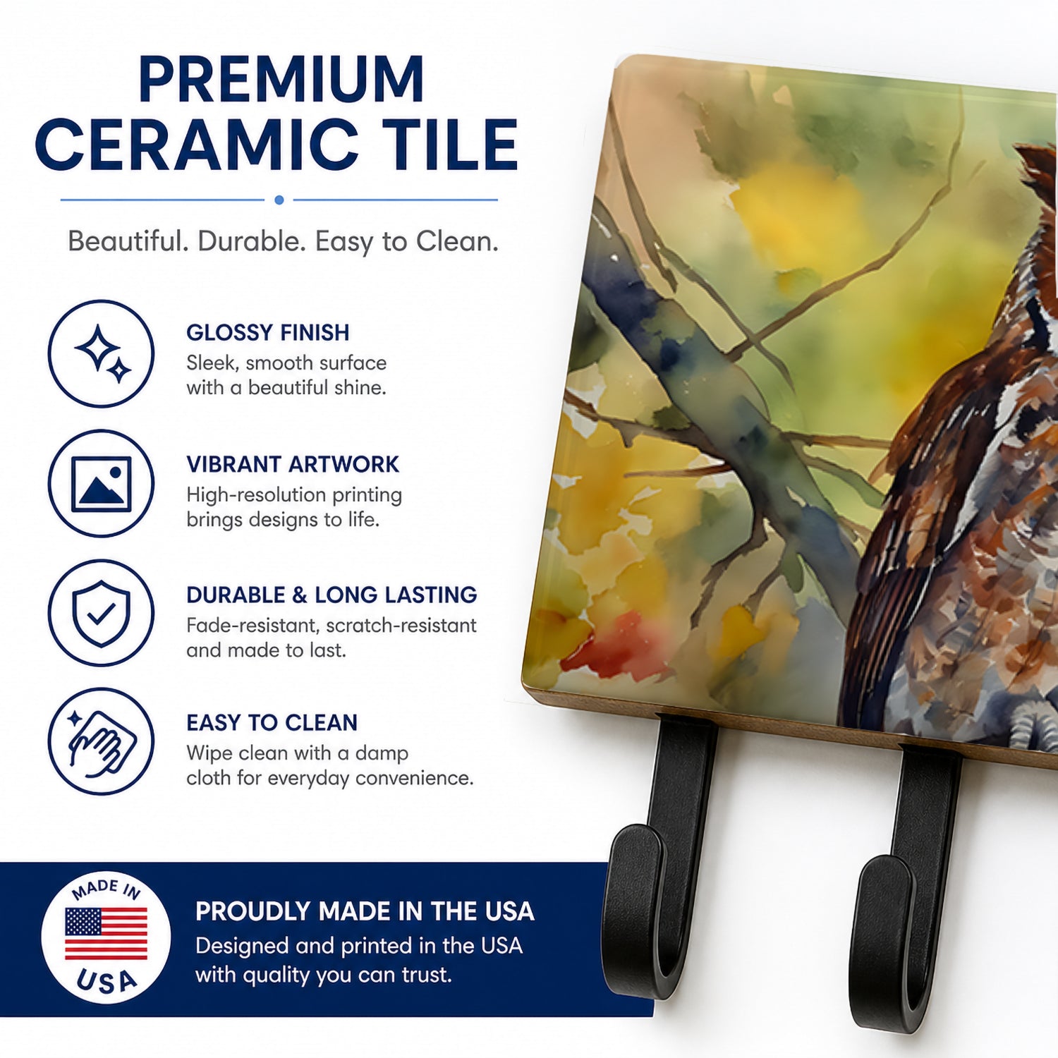 Eastern Screech Owl Wildlife Portrait Leash or Key Holder Wall Hooks, Coat Rack Wall Mount, for Hanging Keys, Towels, Aprons, Leashes