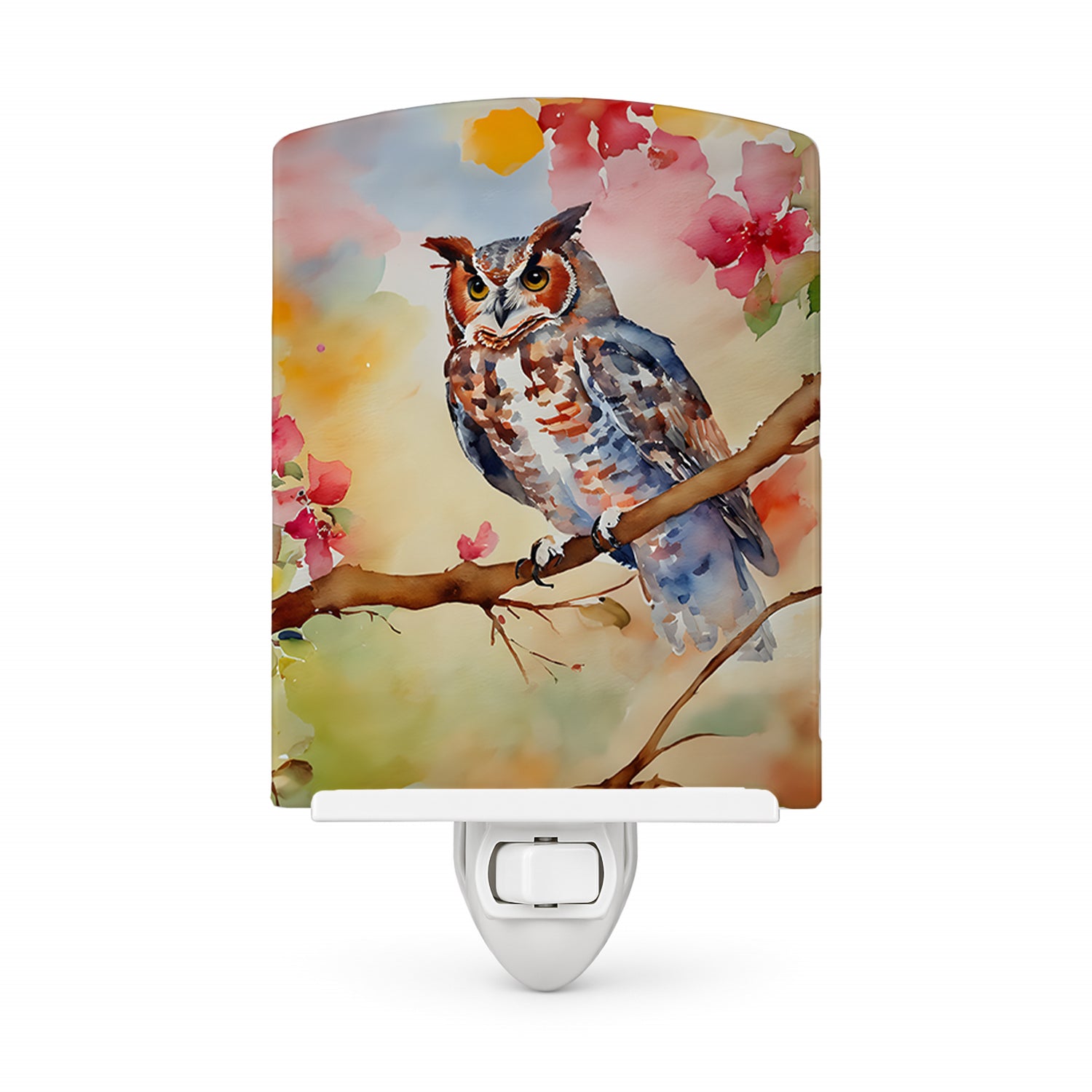 Eastern Screech Owl with Blossoms Ceramic Night Light Compact, UL-Certified, Ideal for Bedroom, Bathroom, Nursery, Hallway, Kitchen, 6x4x3, Multicolor