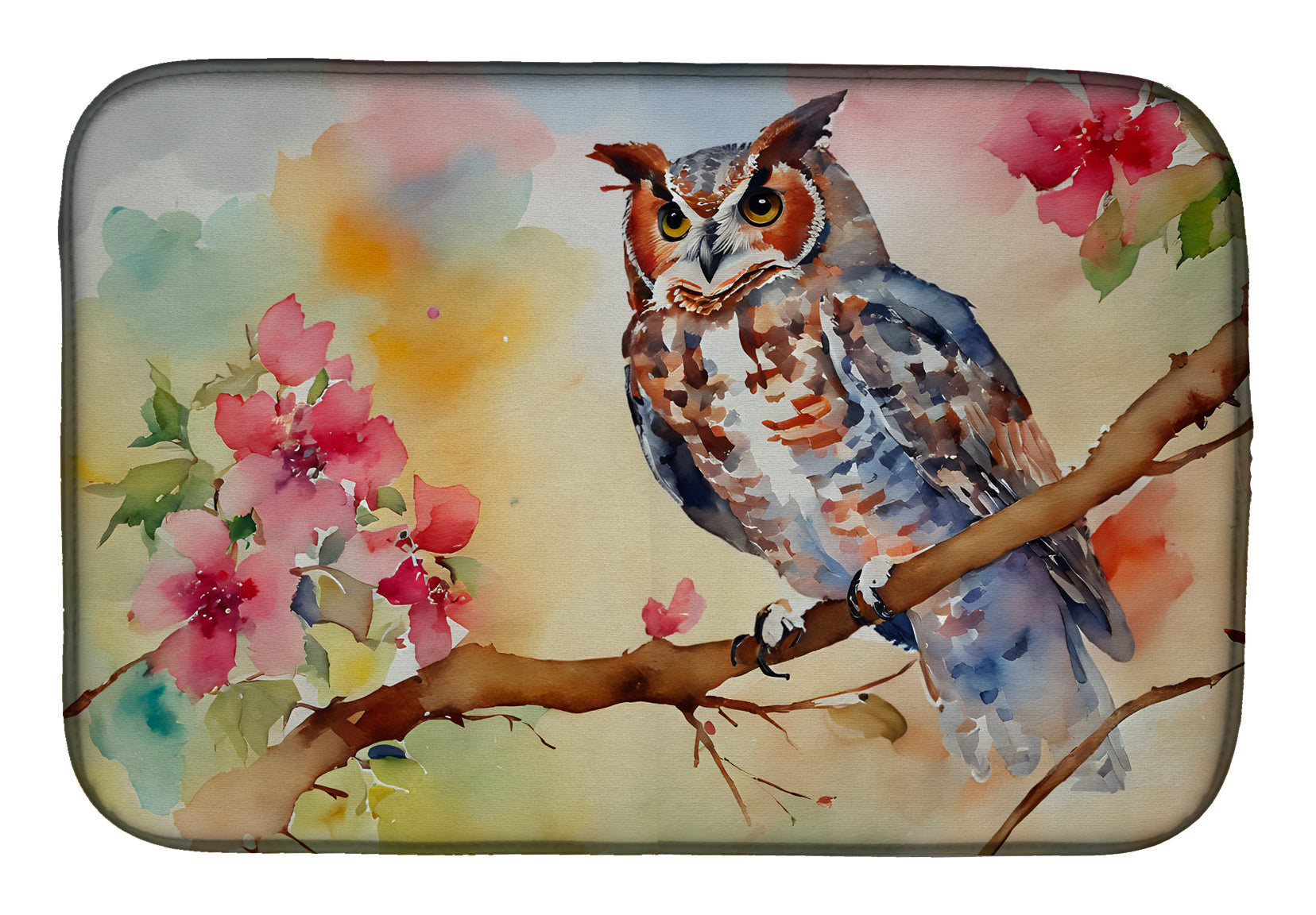 Eastern Screech Owl with Blossoms Dish Drying Mat Absorbent Dish Drying Mat Pad for Kitchen Counter Dish Drainer Mat for Countertop, 14 x 21", Multicolor