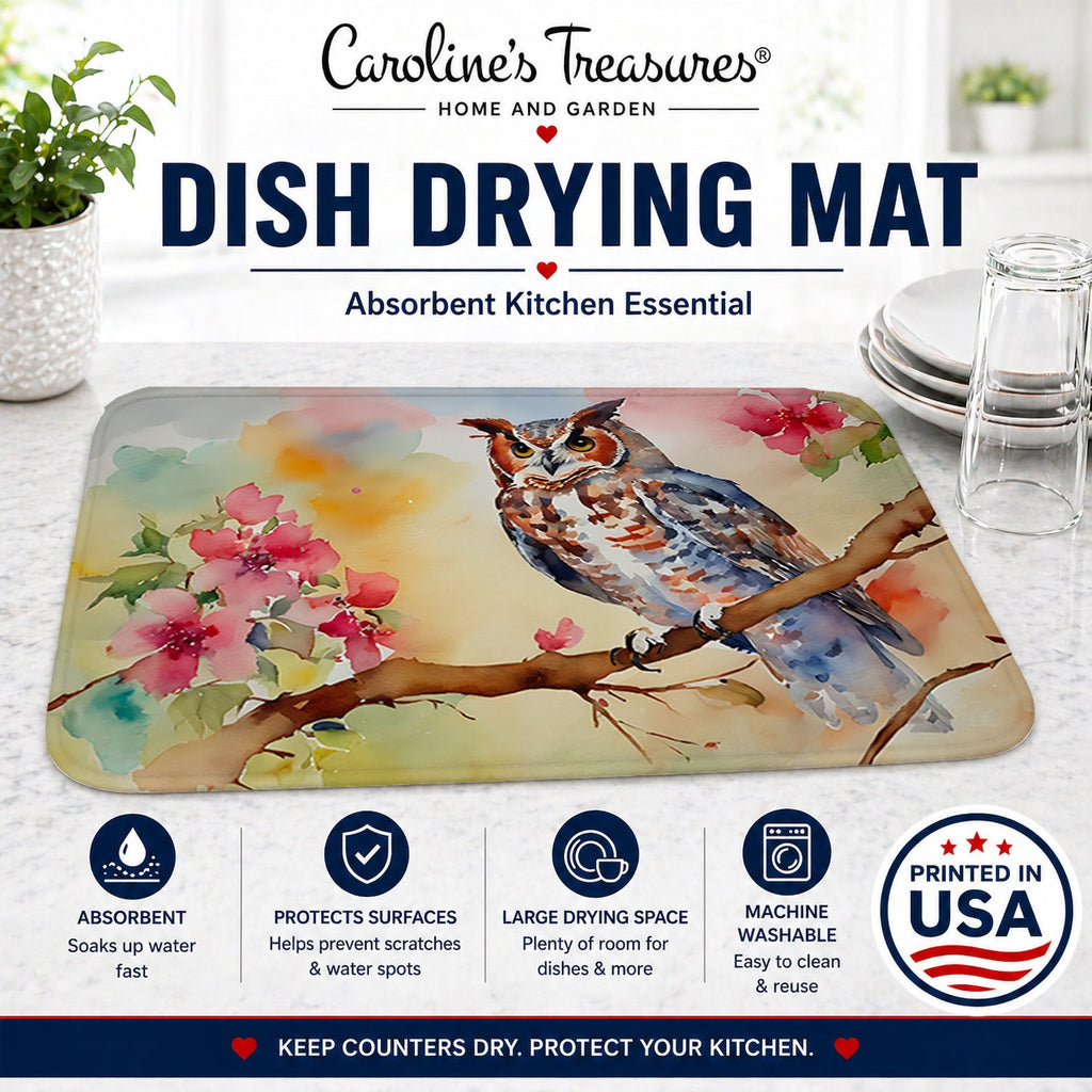 Eastern Screech Owl with Blossoms Dish Drying Mat Absorbent Dish Drying Mat Pad for Kitchen Counter Dish Drainer Mat for Countertop, 14 x 21", Multicolor