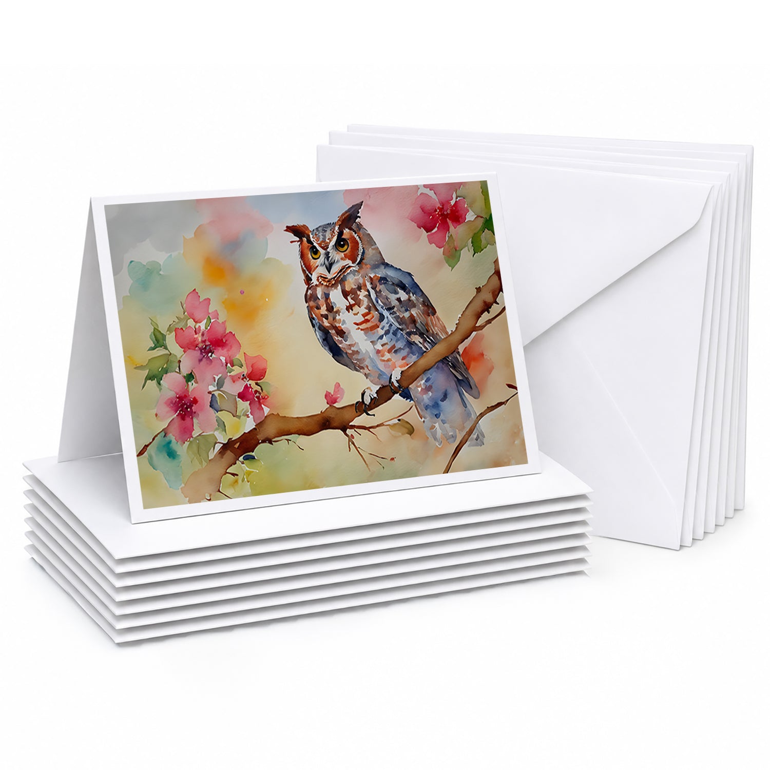 Eastern Screech Owl with Blossoms Greeting Cards Pack of 8 Blank Cards with Envelopes Whimsical A7 Size 5x7