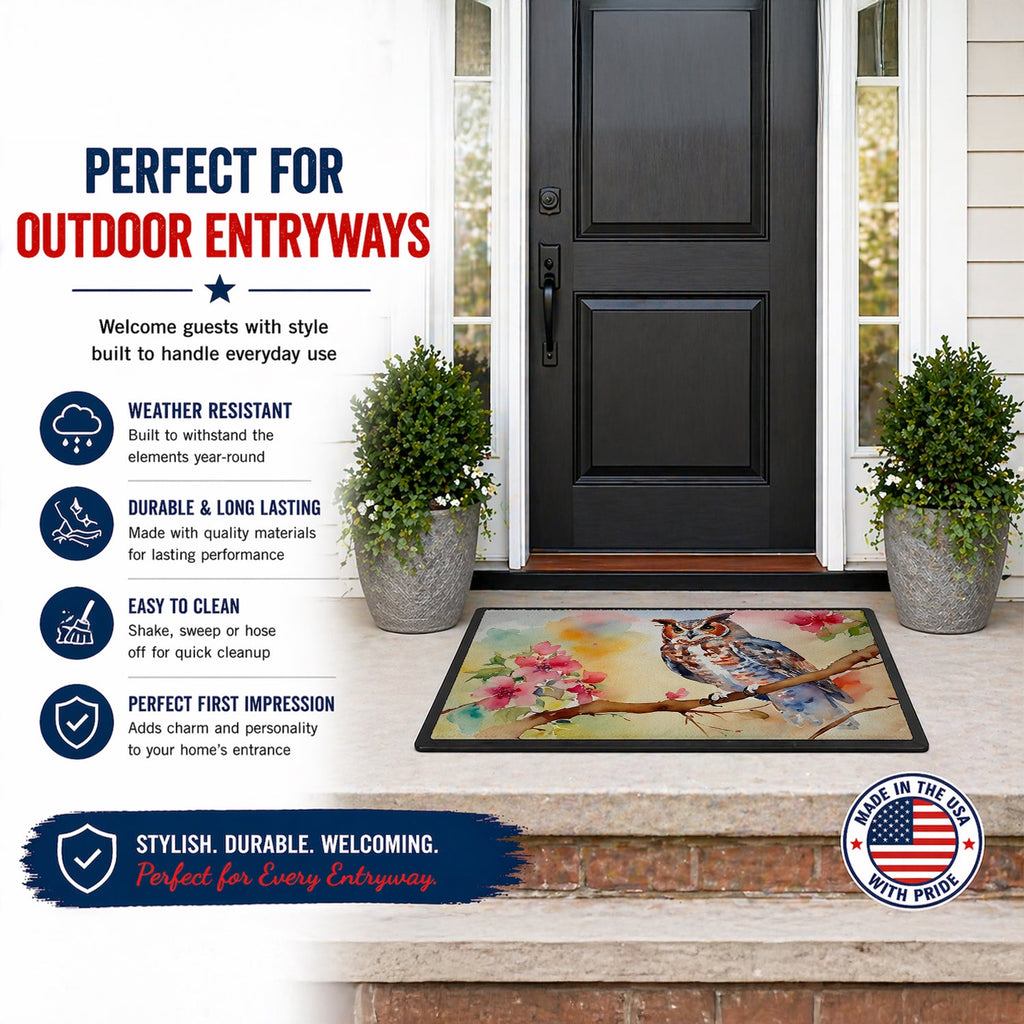 Eastern Screech Owl with Blossoms Doormat Indoor Outdoor 24H X 36W Front Door Mat Rugs for Entryway, Non Slip Washable Low Pile,