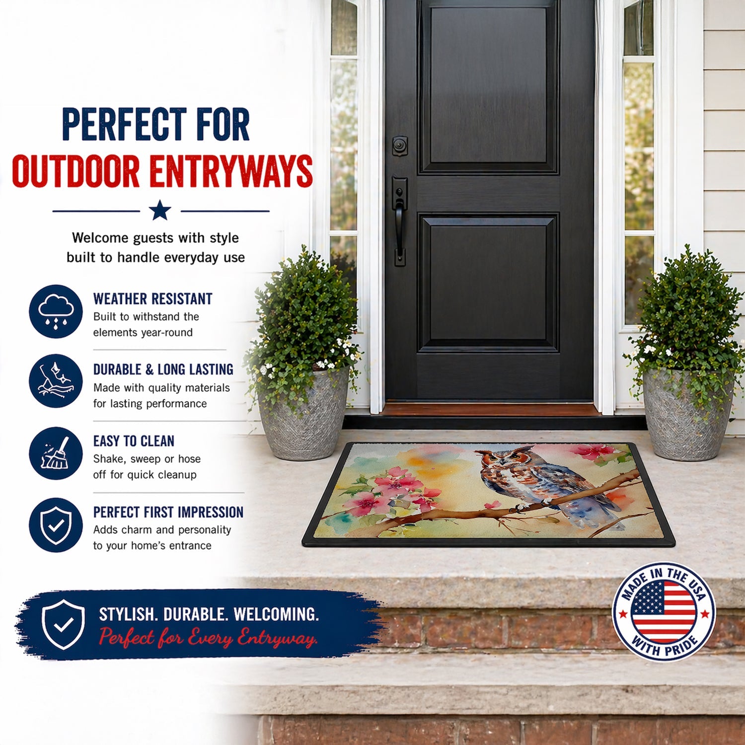 Eastern Screech Owl with Blossoms Doormat Indoor Outdoor 24H X 36W Front Door Mat Rugs for Entryway, Non Slip Washable Low Pile,