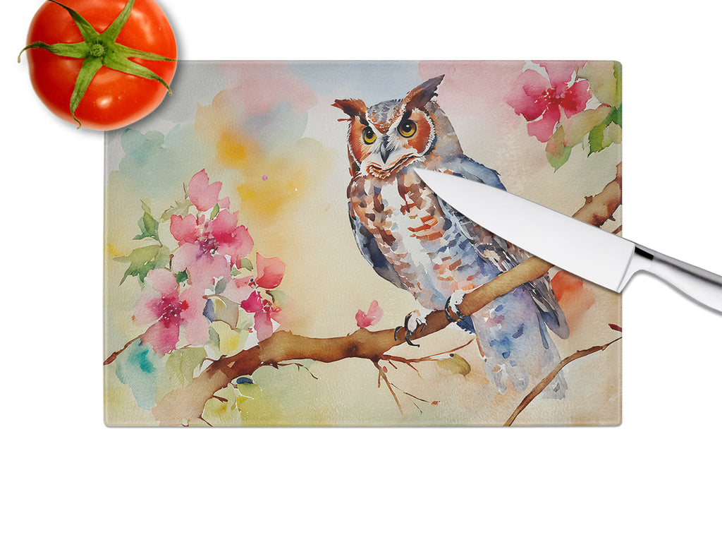 Eastern Screech Owl with Blossoms Cutting Board Tempered Glass Kitchen Cutting Surface, Heat Resistant Chopping, Non-Slip Feet, Food Prep & Serving