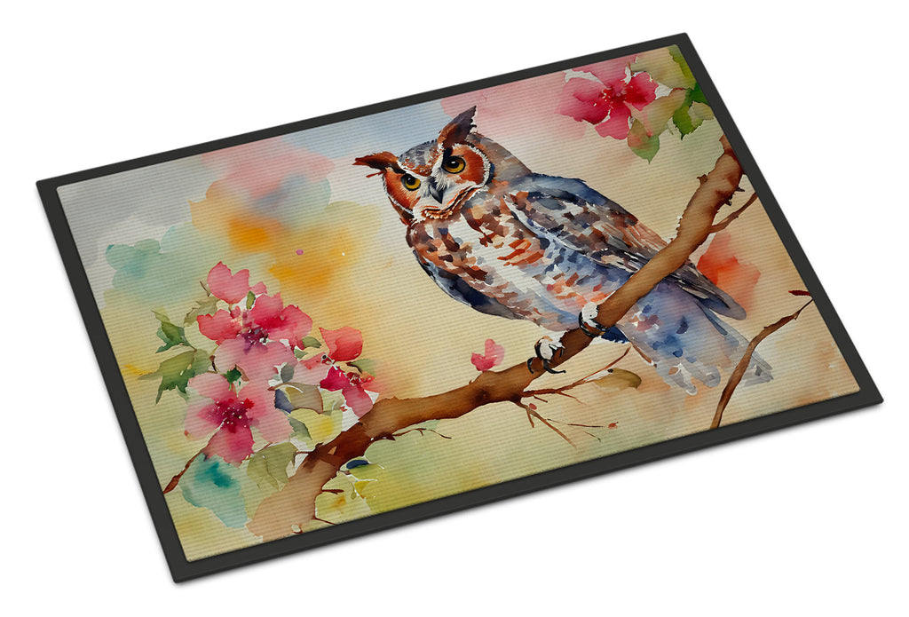 Eastern Screech Owl with Blossoms Doormat Indoor Outdoor 18H X 27W Front Door Mat Rugs for Entryway, Non Slip Washable