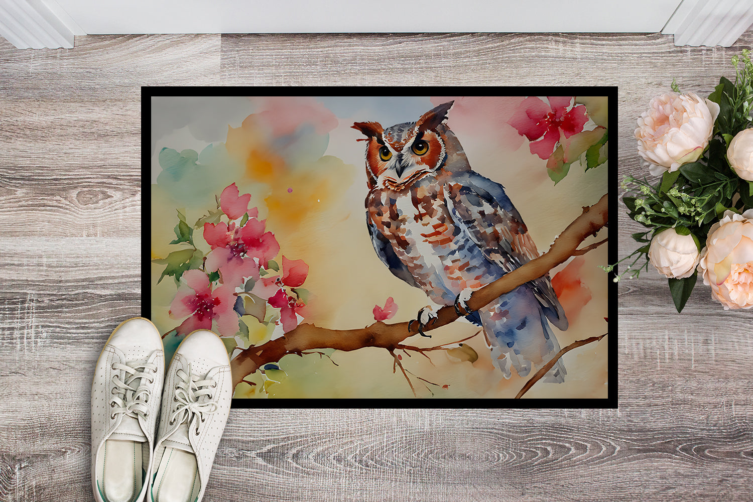 Eastern Screech Owl with Blossoms Doormat Indoor Outdoor 18H X 27W Front Door Mat Rugs for Entryway, Non Slip Washable