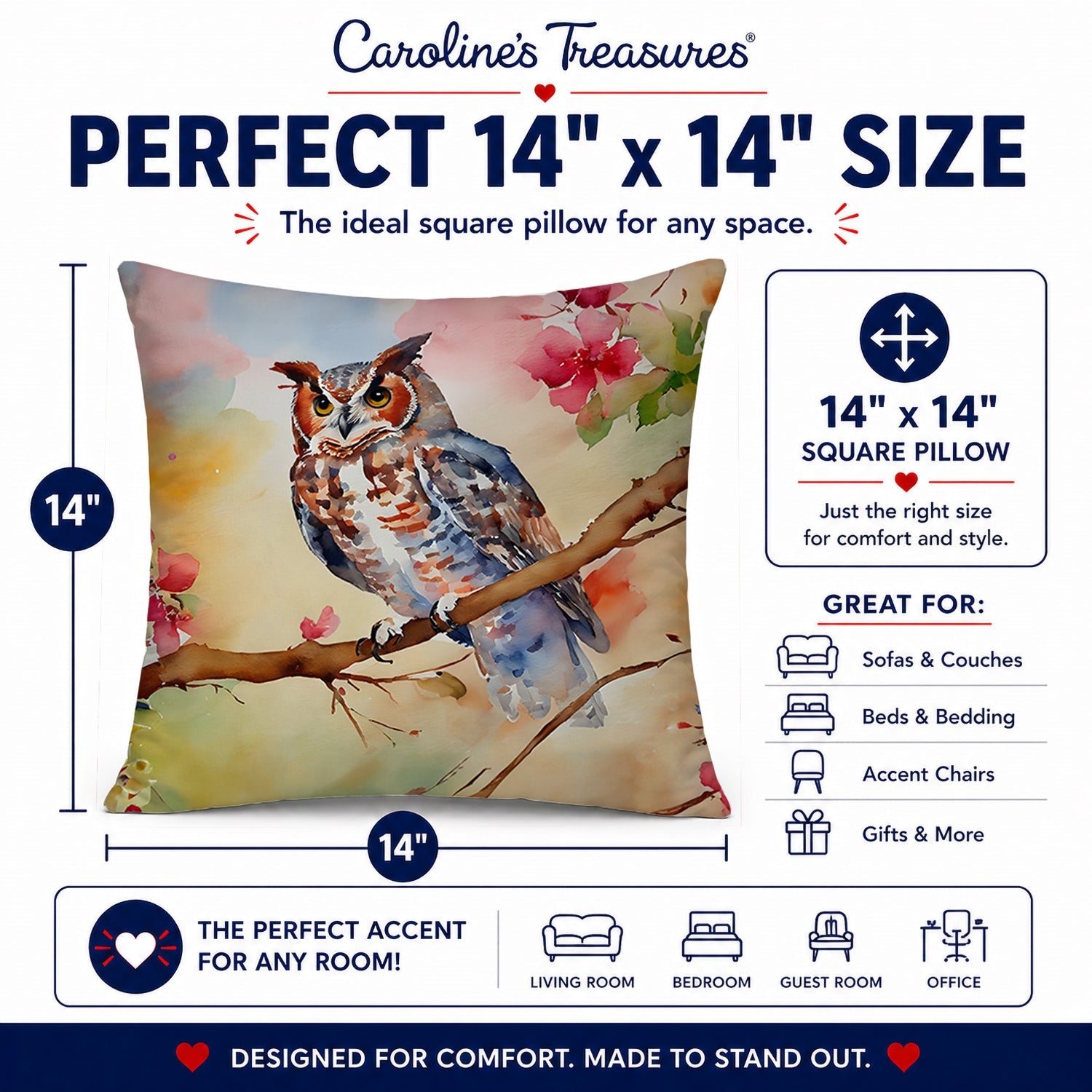 Eastern Screech Owl with Blossoms Decorative Throw Pillow 14x14 Indoor Outdoor Accent Cushion, Fabric Cover with Insert for Sofa, Bed, Porch & Living Room