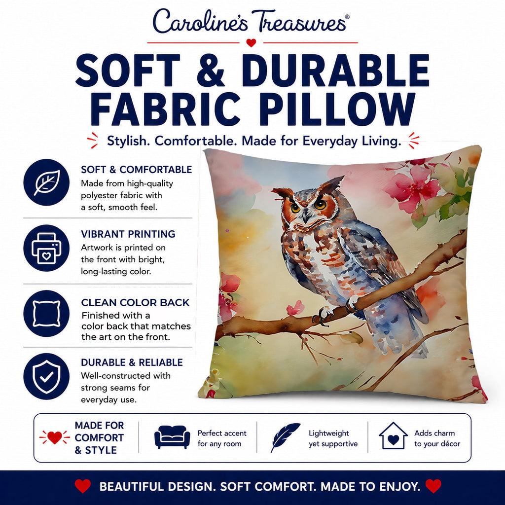 Eastern Screech Owl with Blossoms Decorative Throw Pillow 18x18 Indoor Outdoor Accent Cushion, Fabric Cover with Insert for Sofa, Bed, Porch & Living Room