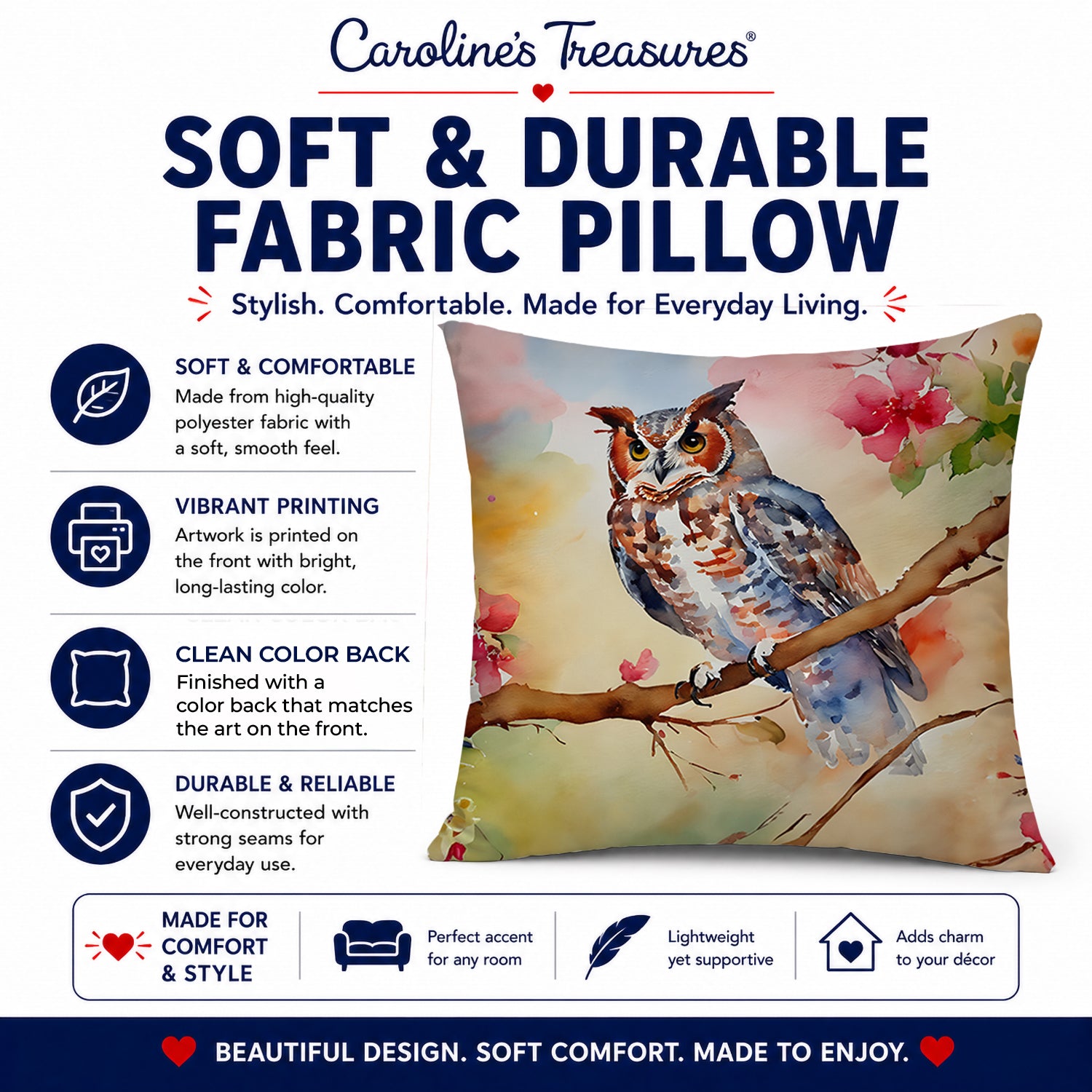 Eastern Screech Owl with Blossoms Decorative Throw Pillow 18x18 Indoor Outdoor Accent Cushion, Fabric Cover with Insert for Sofa, Bed, Porch & Living Room