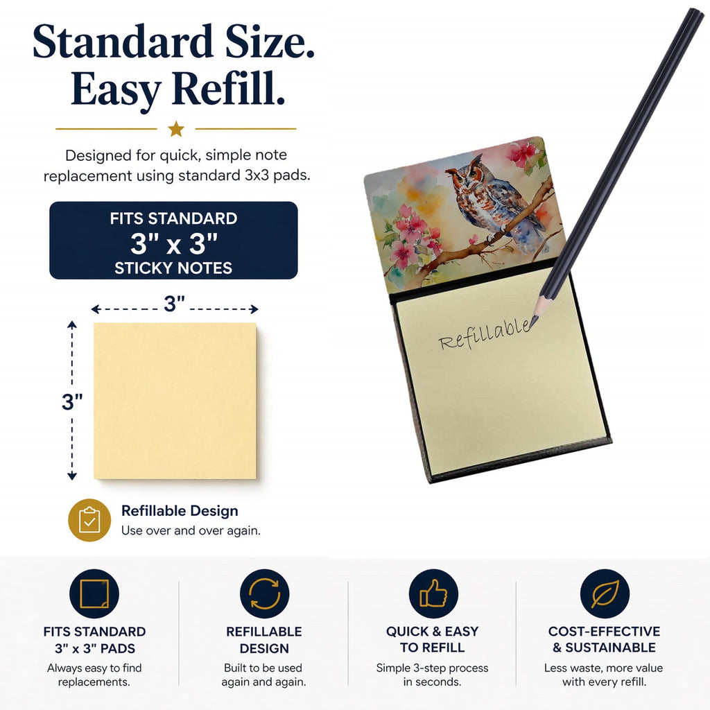 Eastern Screech Owl with Blossoms Watercolor Sticky Note Holder Refillable Dispenser Desk Accessory 3x3 Pad Gift