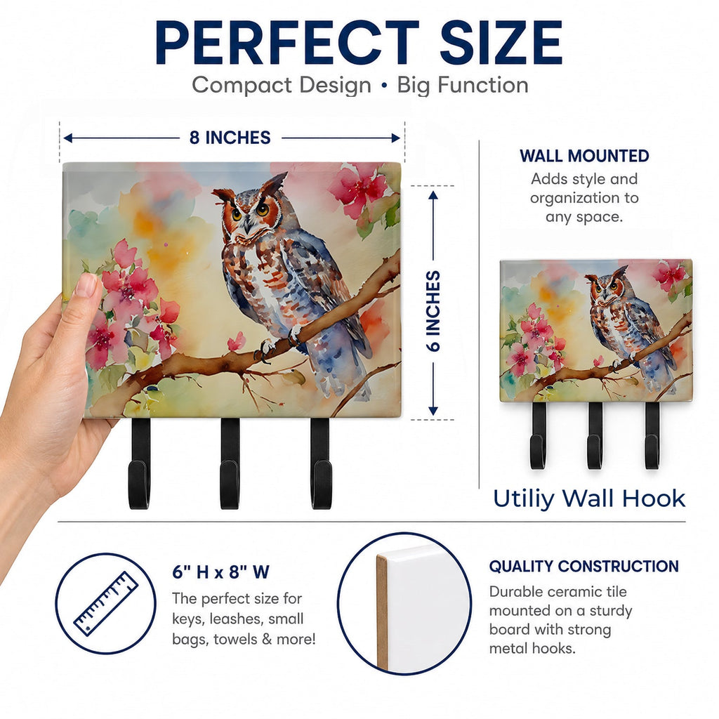 Eastern Screech Owl with Blossoms Leash or Key Holder Wall Hooks, Coat Rack Wall Mount, for Hanging Keys, Towels, Aprons, Leashes