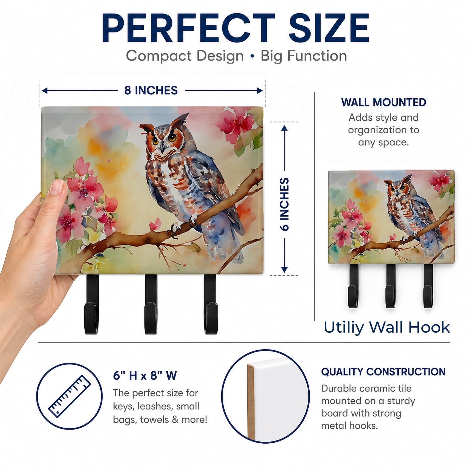 Eastern Screech Owl with Blossoms Leash or Key Holder Wall Hooks, Coat Rack Wall Mount, for Hanging Keys, Towels, Aprons, Leashes
