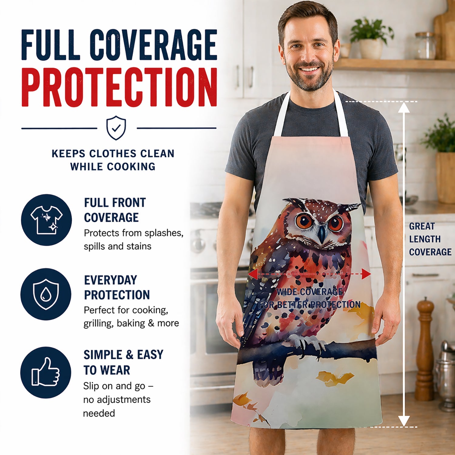 Elf Owl on Blossom Branch Apron Cooking Kitchen Server Baking Crafts Gardening for Adult Women Men, Unisex, Large, Multicolor