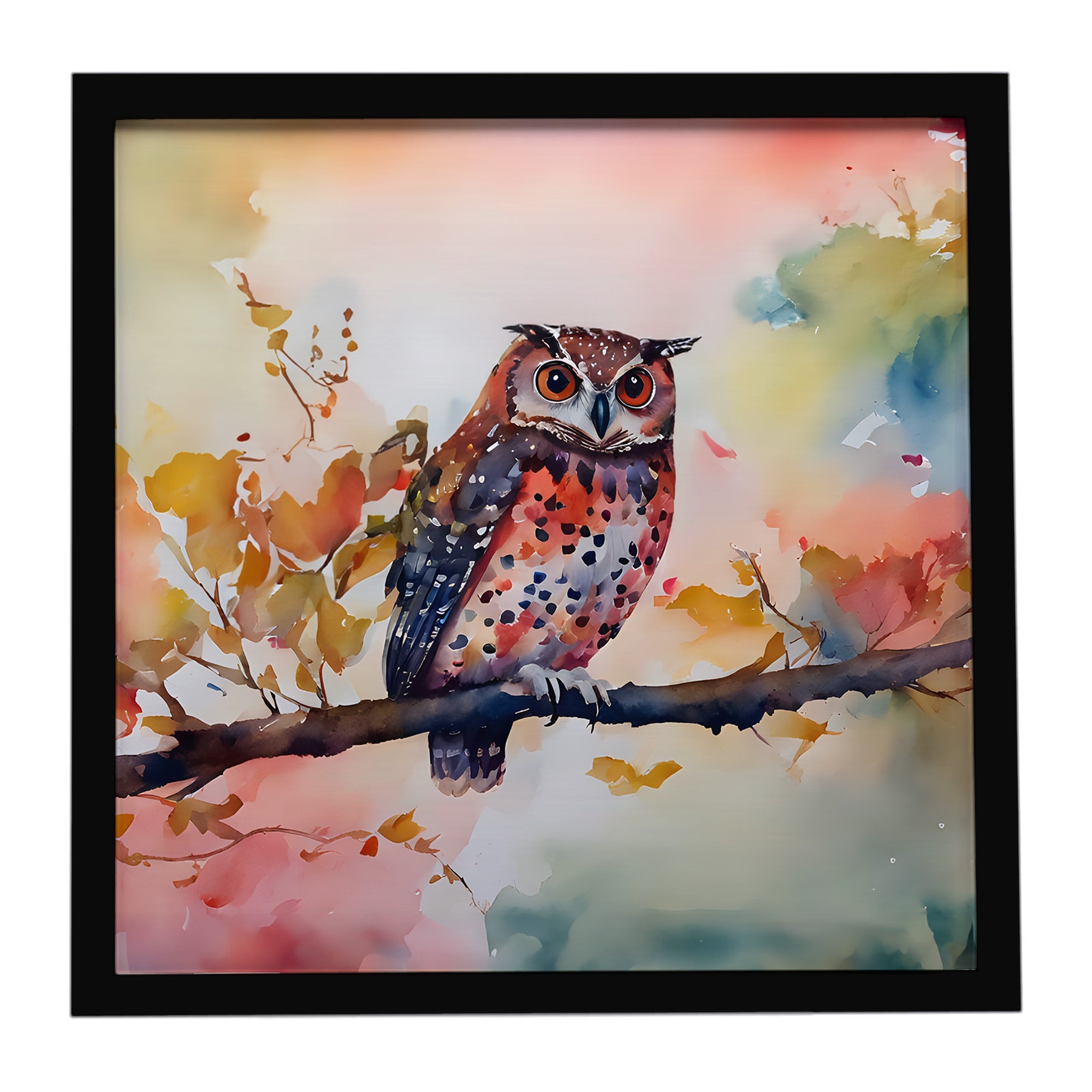 Elf Owl on Blossom Branch Framed Metal Print Bathroom, Kitchen, Office, Home Decor Wall Art Ready to Hang, Square, 8X8