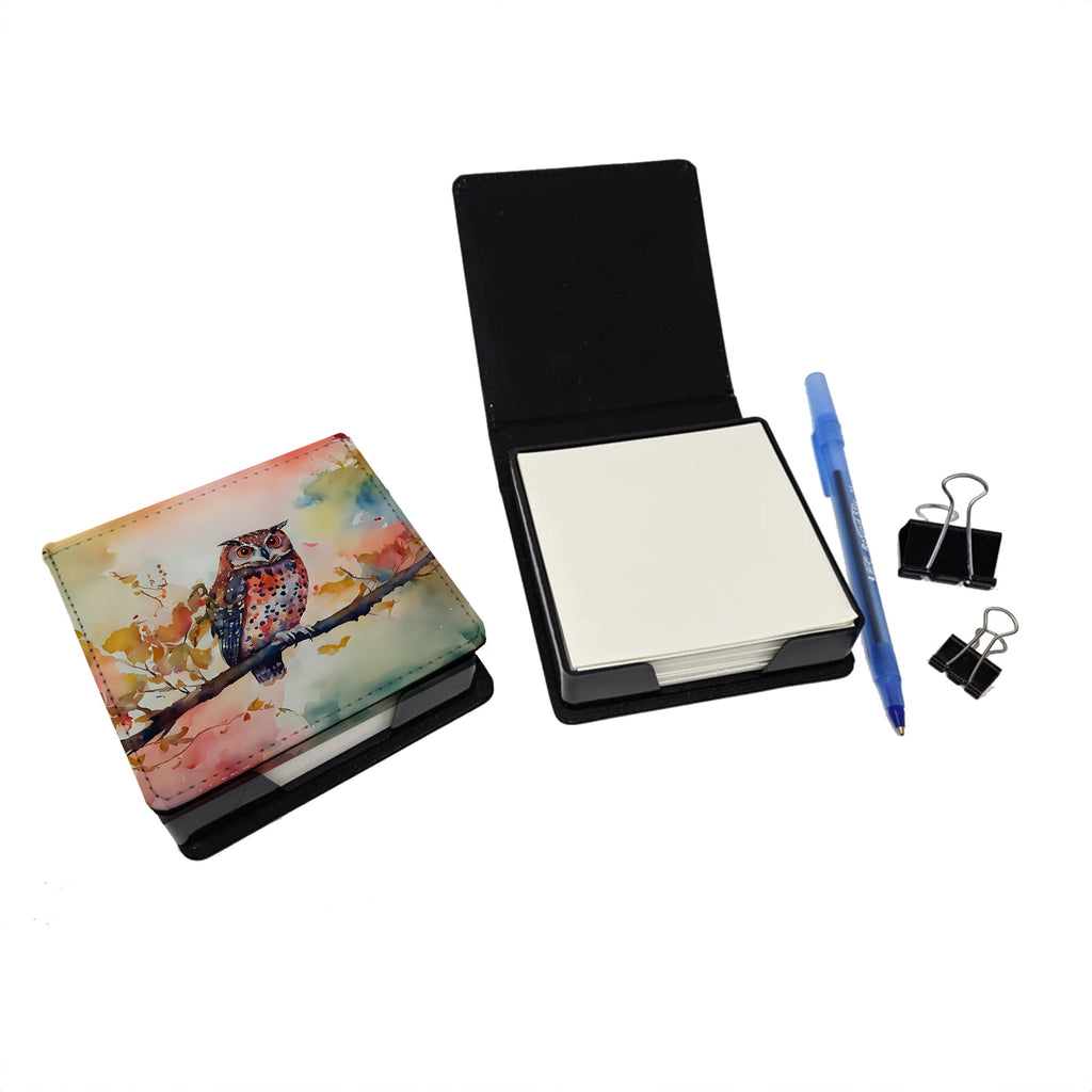Elf Owl on Blossom Branch PU Leather Note Paper Holder with Artist-Designed Cover, Desk Accessory, Office Gift