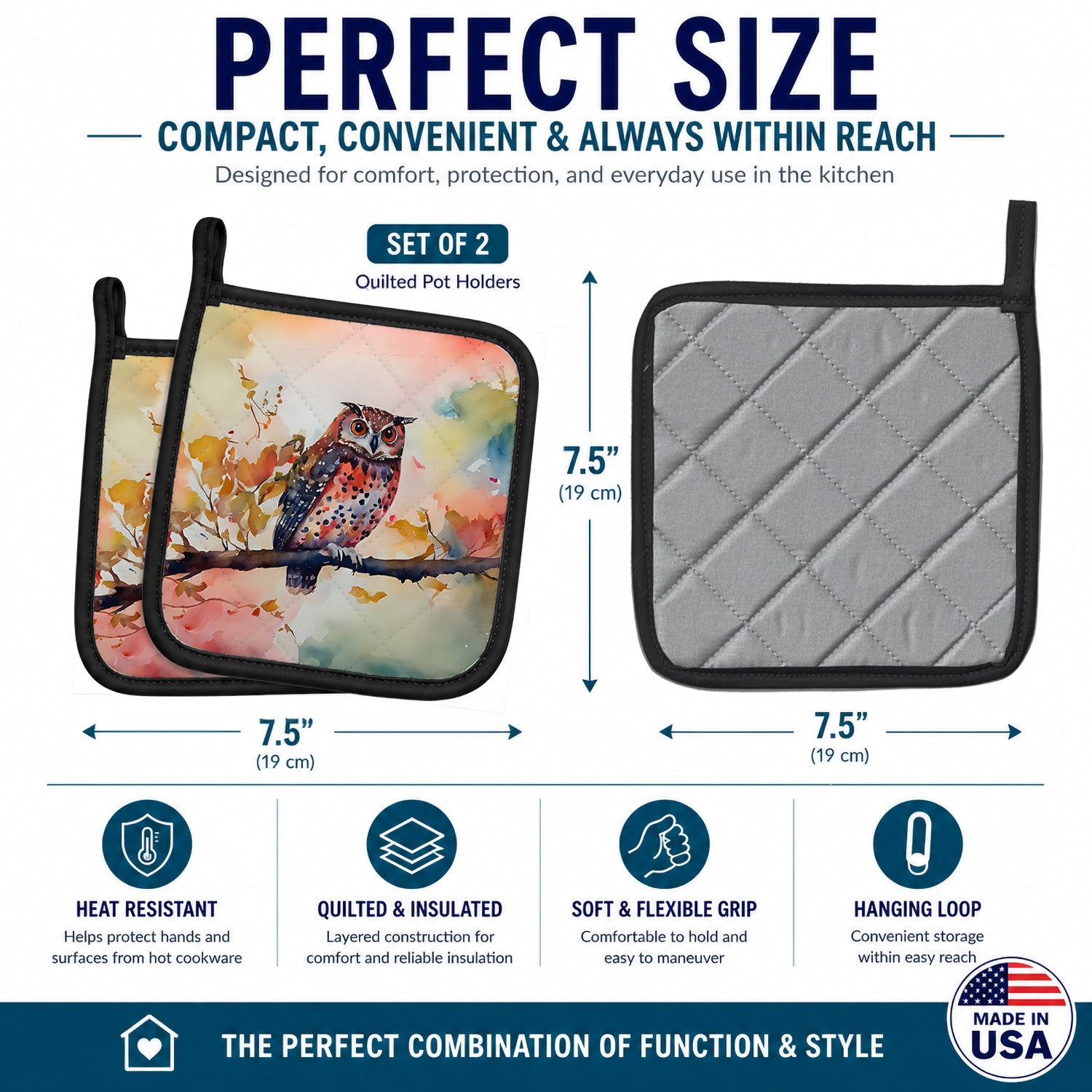 Elf Owl on Blossom Branch Pot Holder Set of 2 Heat Resistant Quilted Hot Pads 7.5 x 7.5 Inch, Insulated Kitchen Trivets for Cooking & Baking