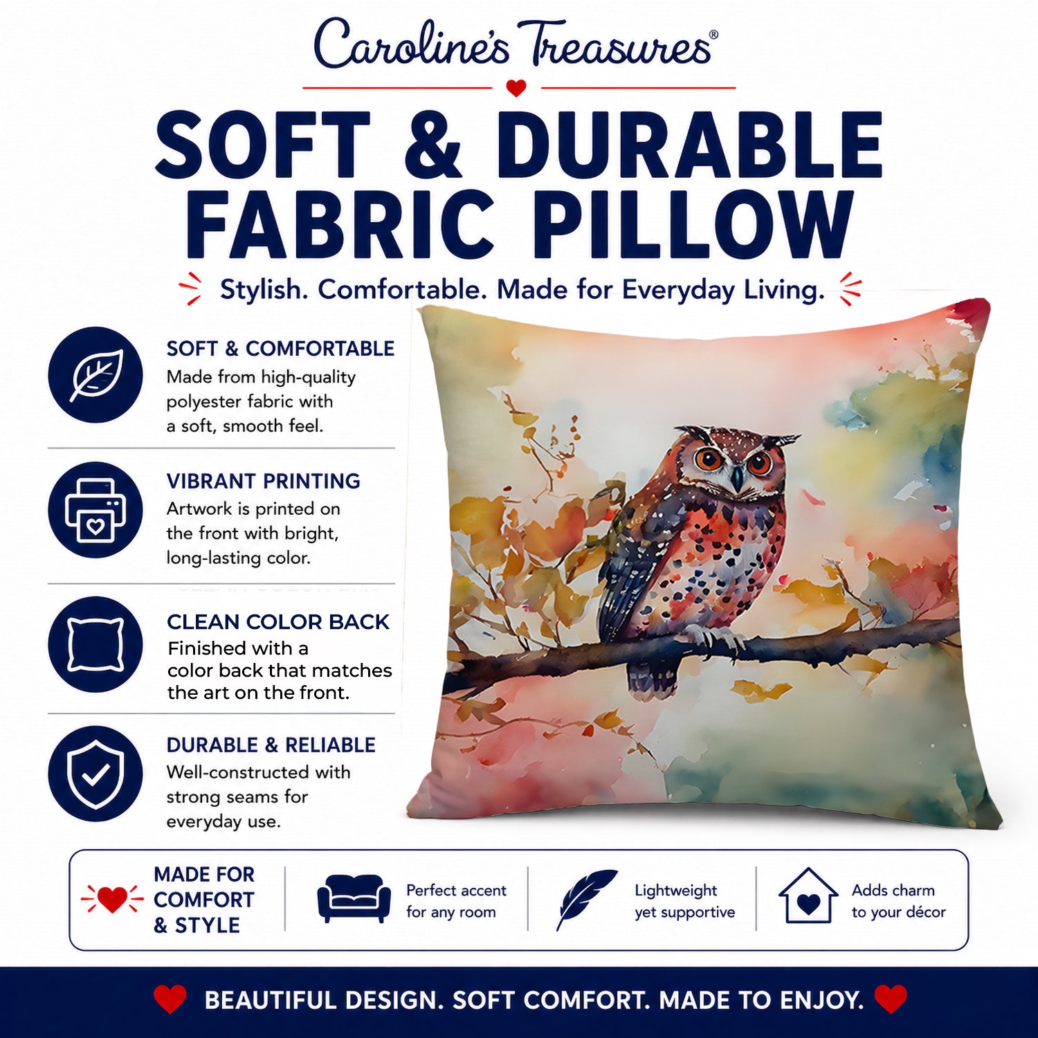 Elf Owl on Blossom Branch Decorative Throw Pillow 14x14 Indoor Outdoor Accent Cushion, Fabric Cover with Insert for Sofa, Bed, Porch & Living Room