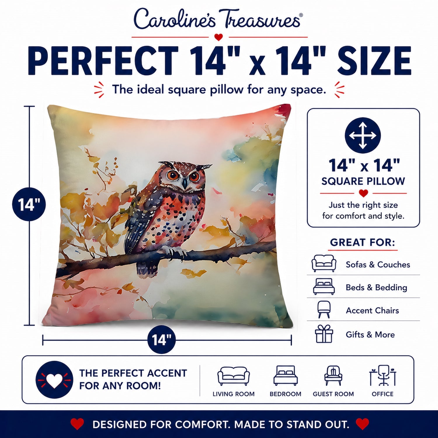 Elf Owl on Blossom Branch Decorative Throw Pillow 14x14 Indoor Outdoor Accent Cushion, Fabric Cover with Insert for Sofa, Bed, Porch & Living Room