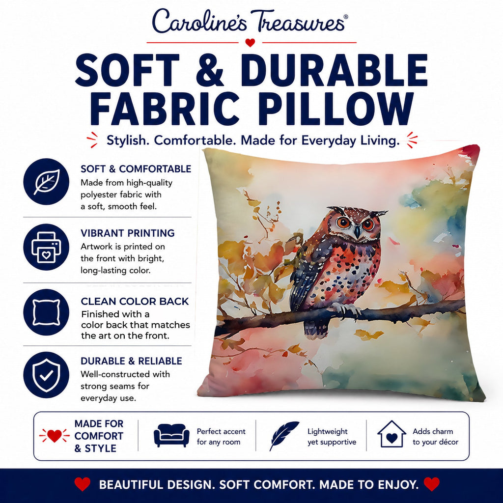Elf Owl on Blossom Branch Decorative Throw Pillow 18x18 Indoor Outdoor Accent Cushion, Fabric Cover with Insert for Sofa, Bed, Porch & Living Room
