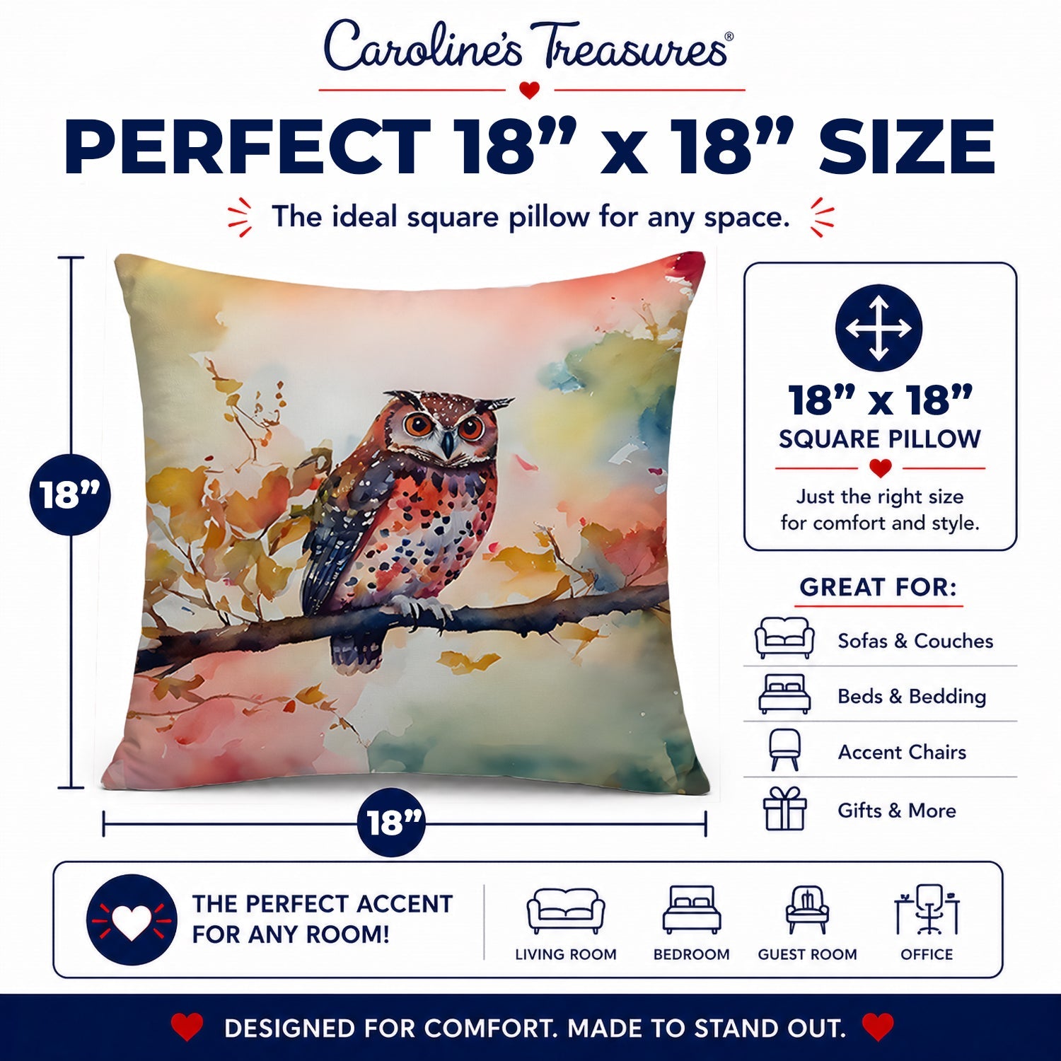 Elf Owl on Blossom Branch Decorative Throw Pillow 18x18 Indoor Outdoor Accent Cushion, Fabric Cover with Insert for Sofa, Bed, Porch & Living Room