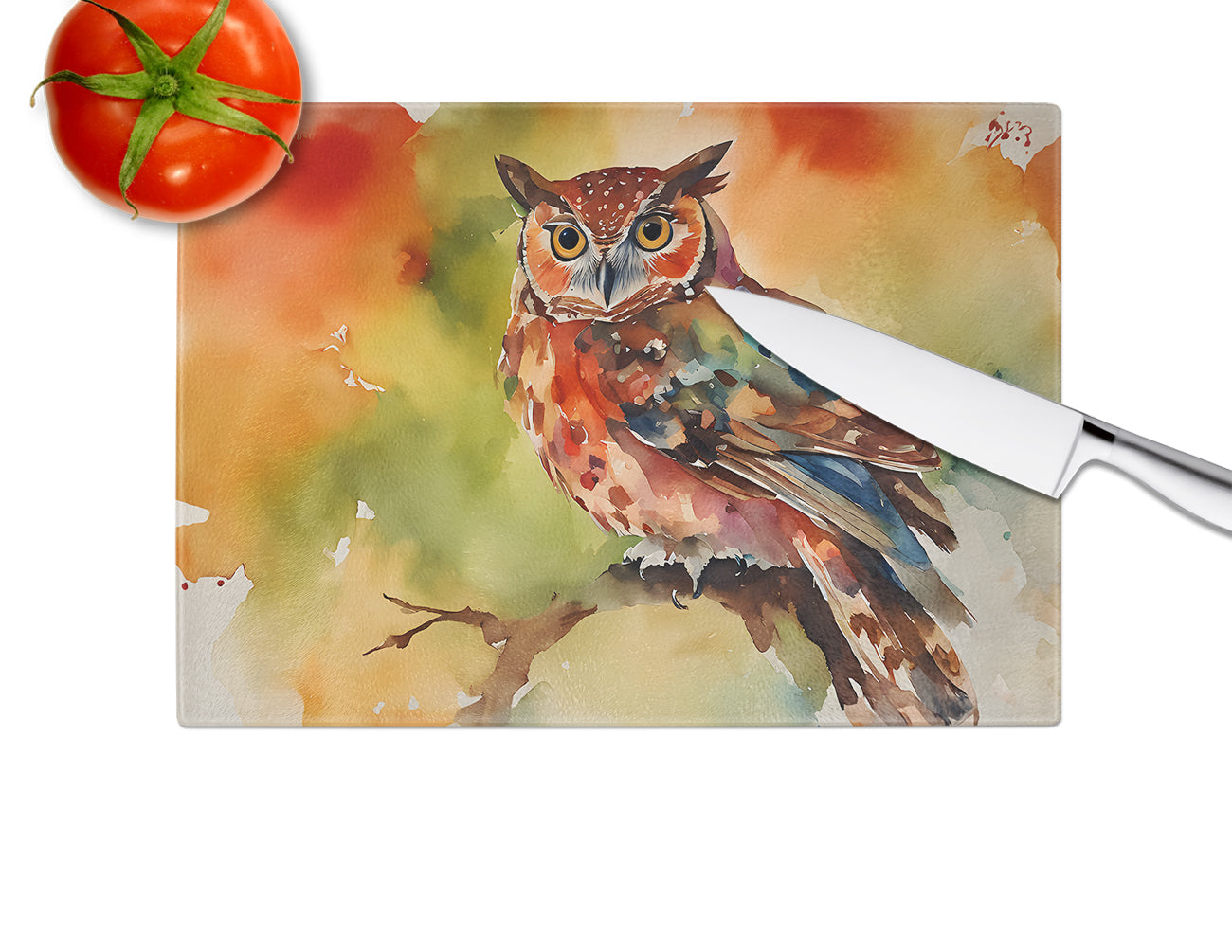Elf Owl Perched Branch Cutting Board Tempered Glass Kitchen Cutting Surface, Heat Resistant Chopping, Non-Slip Feet, Food Prep & Serving