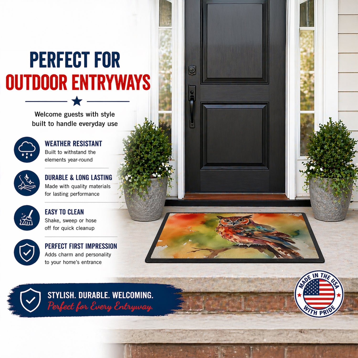 Elf Owl Perched Branch Doormat Indoor Outdoor 18H X 27W Front Door Mat Rugs for Entryway, Non Slip Washable