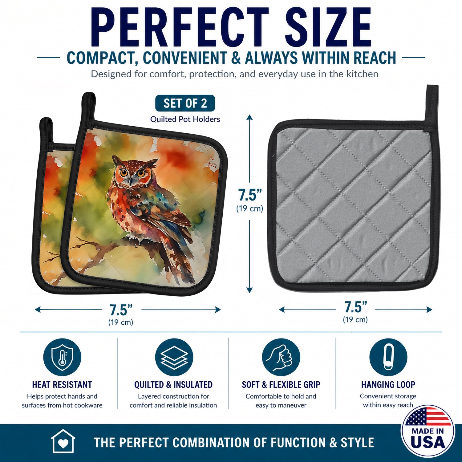 Elf Owl Perched Branch Pot Holder Set of 2 Heat Resistant Quilted Hot Pads 7.5 x 7.5 Inch, Insulated Kitchen Trivets for Cooking & Baking