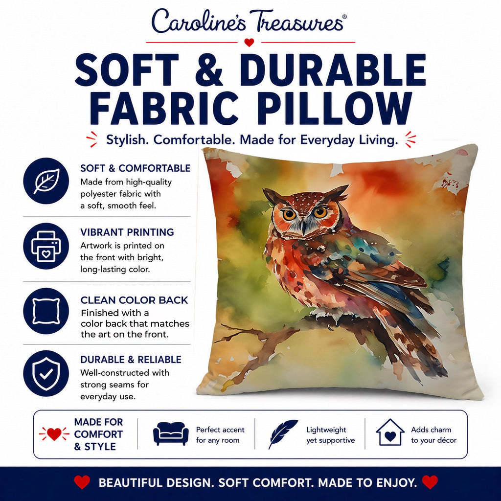 Elf Owl Perched Branch Decorative Throw Pillow 14x14 Indoor Outdoor Accent Cushion, Fabric Cover with Insert for Sofa, Bed, Porch & Living Room
