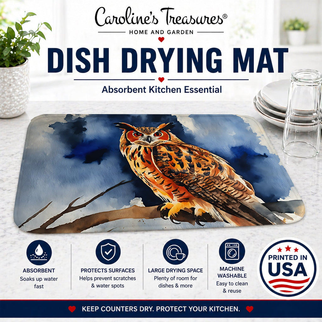 Eurasian Eagle Owl Perched Branch Dish Drying Mat Absorbent Dish Drying Mat Pad for Kitchen Counter Dish Drainer Mat for Countertop, 14 x 21", Multicolor