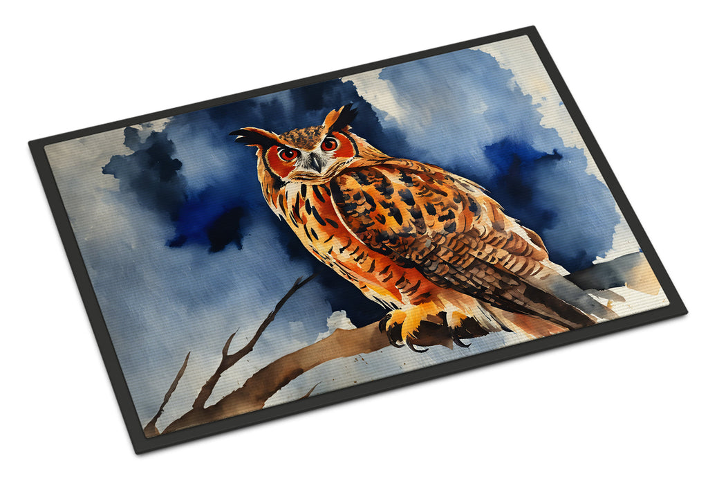 Eurasian Eagle Owl Perched Branch Doormat Indoor Outdoor 24H X 36W Front Door Mat Rugs for Entryway, Non Slip Washable Low Pile,