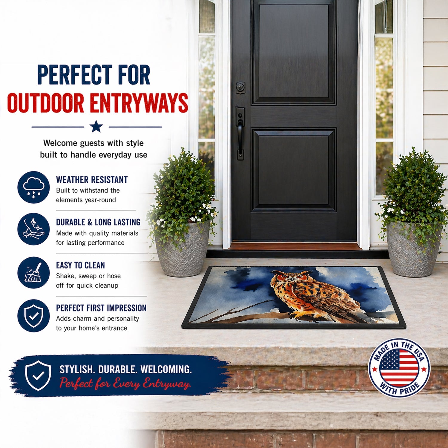 Eurasian Eagle Owl Perched Branch Doormat Indoor Outdoor 24H X 36W Front Door Mat Rugs for Entryway, Non Slip Washable Low Pile,