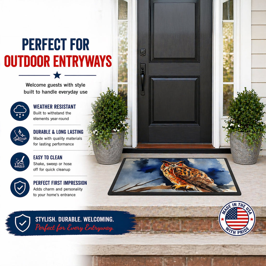 Eurasian Eagle Owl Perched Branch Doormat Indoor Outdoor 18H X 27W Front Door Mat Rugs for Entryway, Non Slip Washable