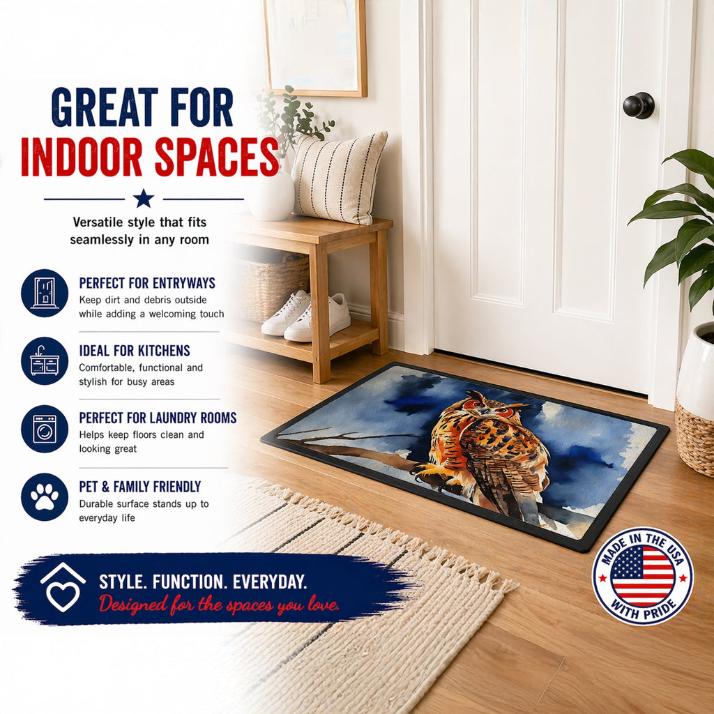 Eurasian Eagle Owl Perched Branch Doormat Indoor Outdoor 18H X 27W Front Door Mat Rugs for Entryway, Non Slip Washable