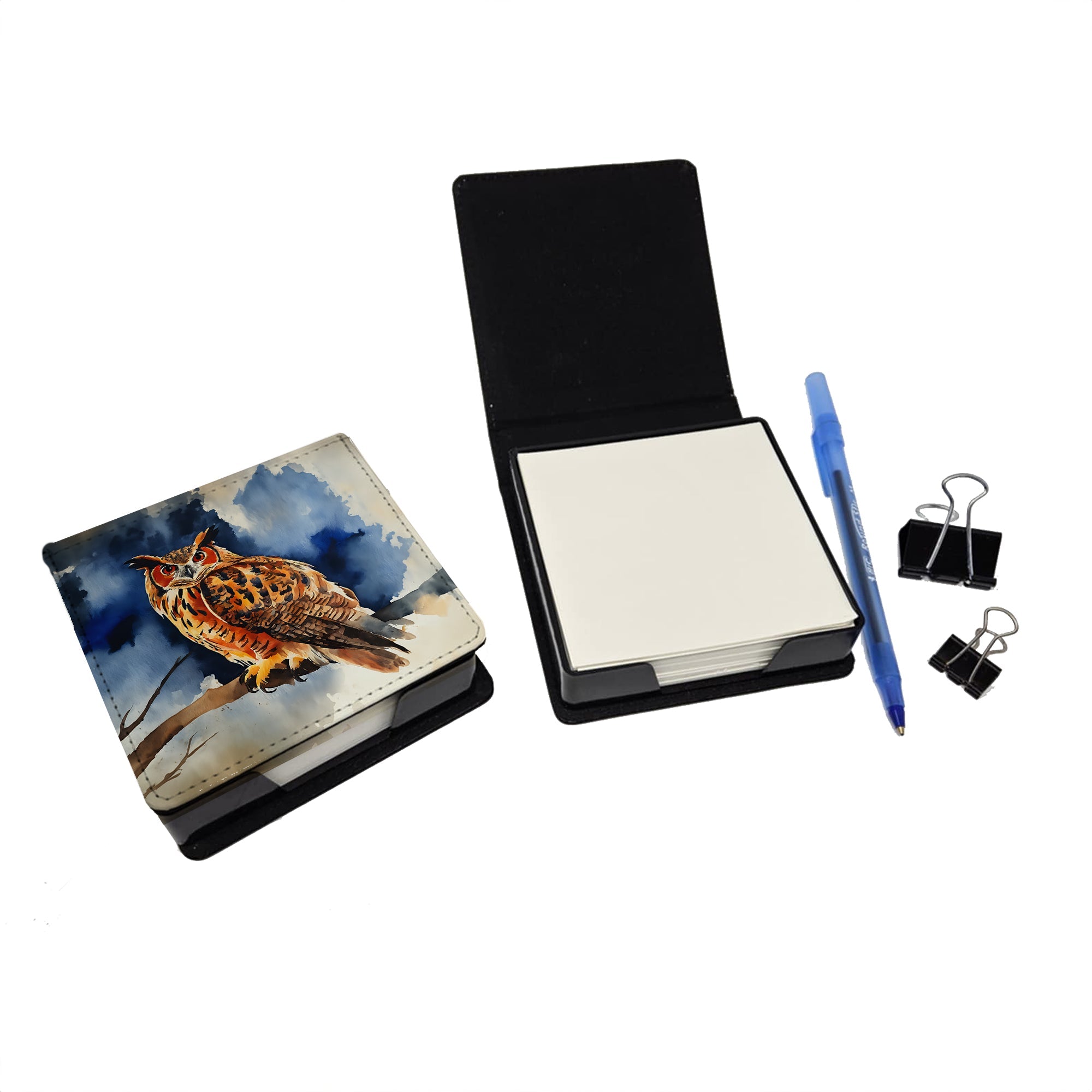 Eurasian Eagle Owl Perched Branch PU Leather Note Paper Holder with Artist-Designed Cover, Desk Accessory, Office Gift