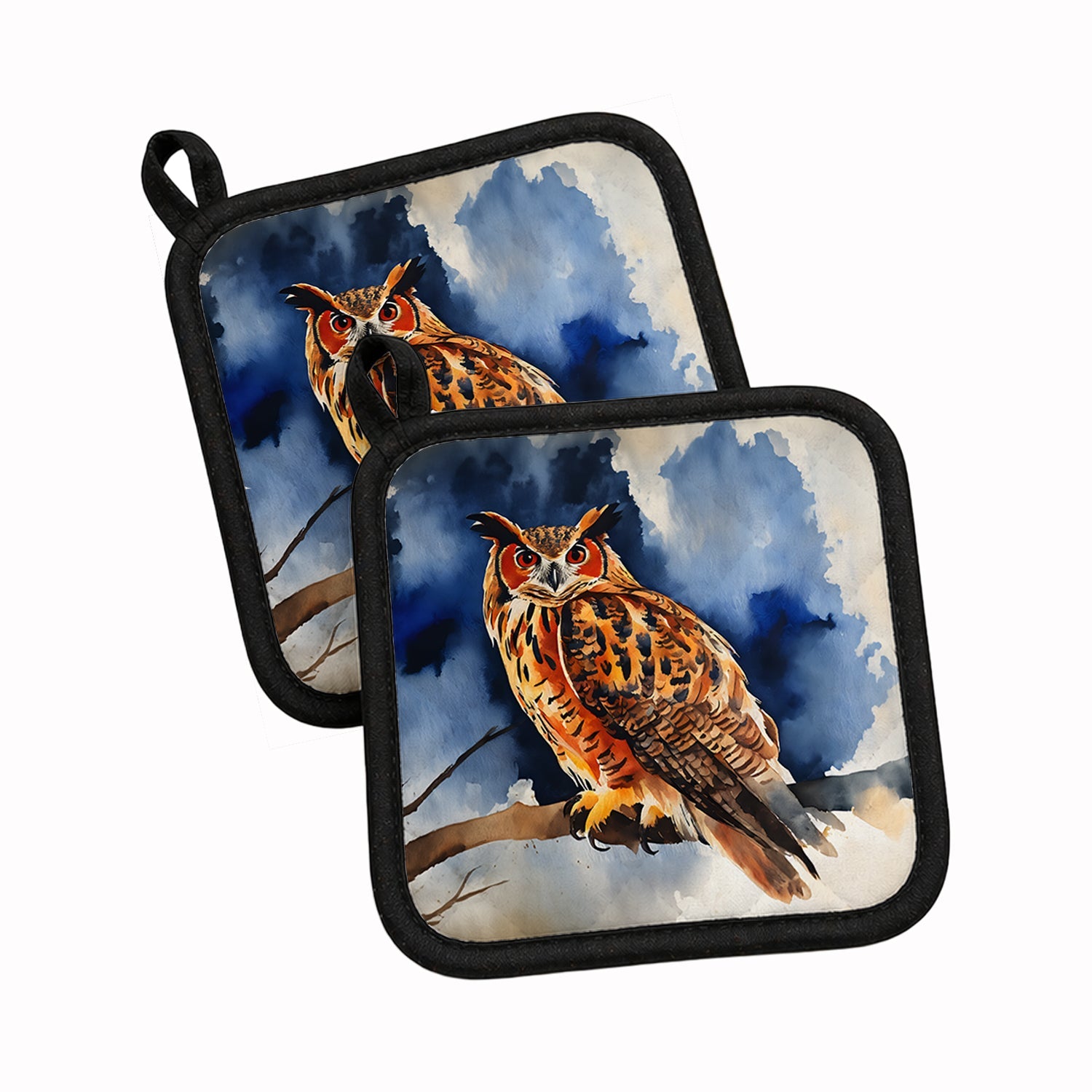 Eurasian Eagle Owl Perched Branch Pot Holder Set of 2 Heat Resistant Quilted Hot Pads 7.5 x 7.5 Inch, Insulated Kitchen Trivets for Cooking & Baking