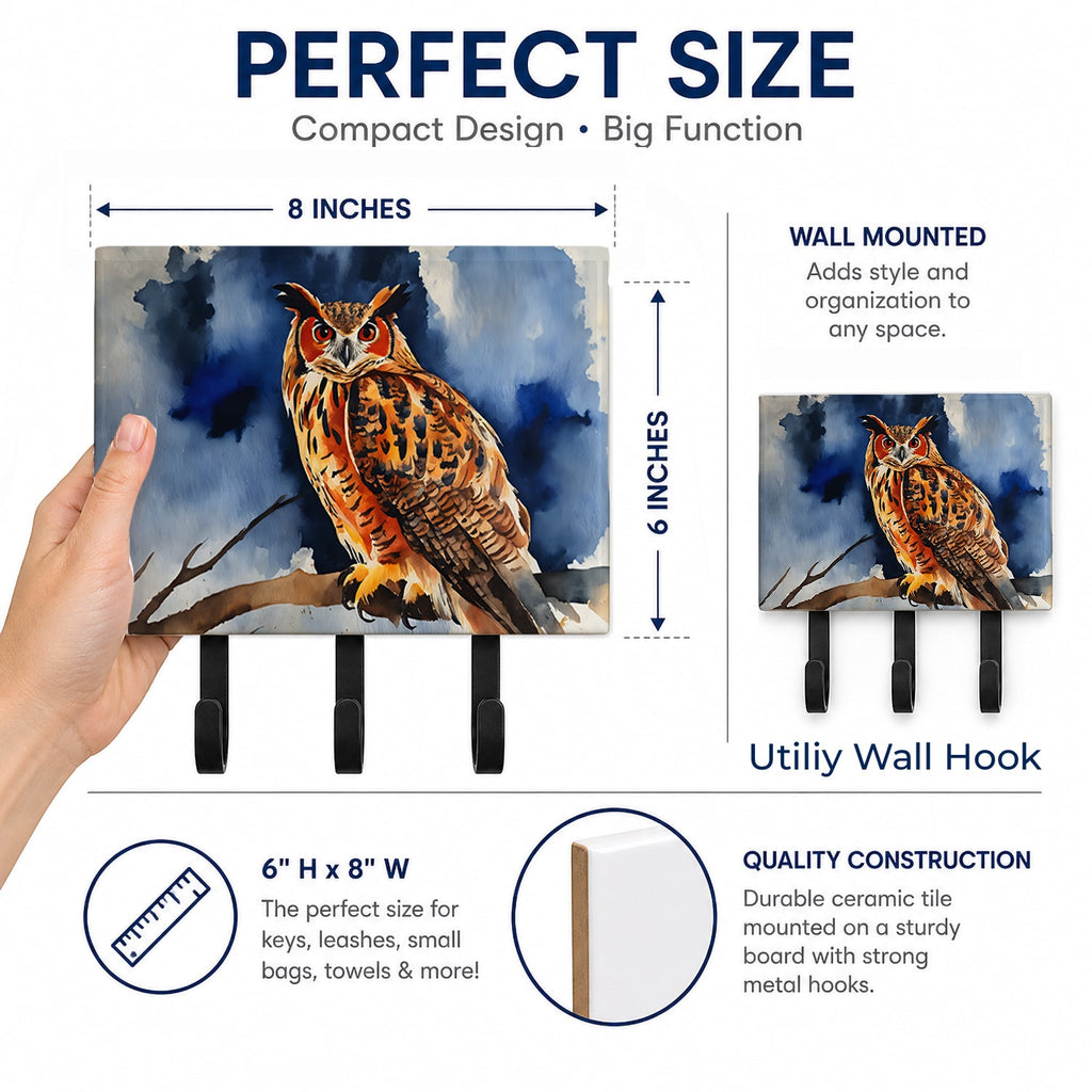 Eurasian Eagle Owl Perched Branch Leash or Key Holder Wall Hooks, Coat Rack Wall Mount, for Hanging Keys, Towels, Aprons, Leashes