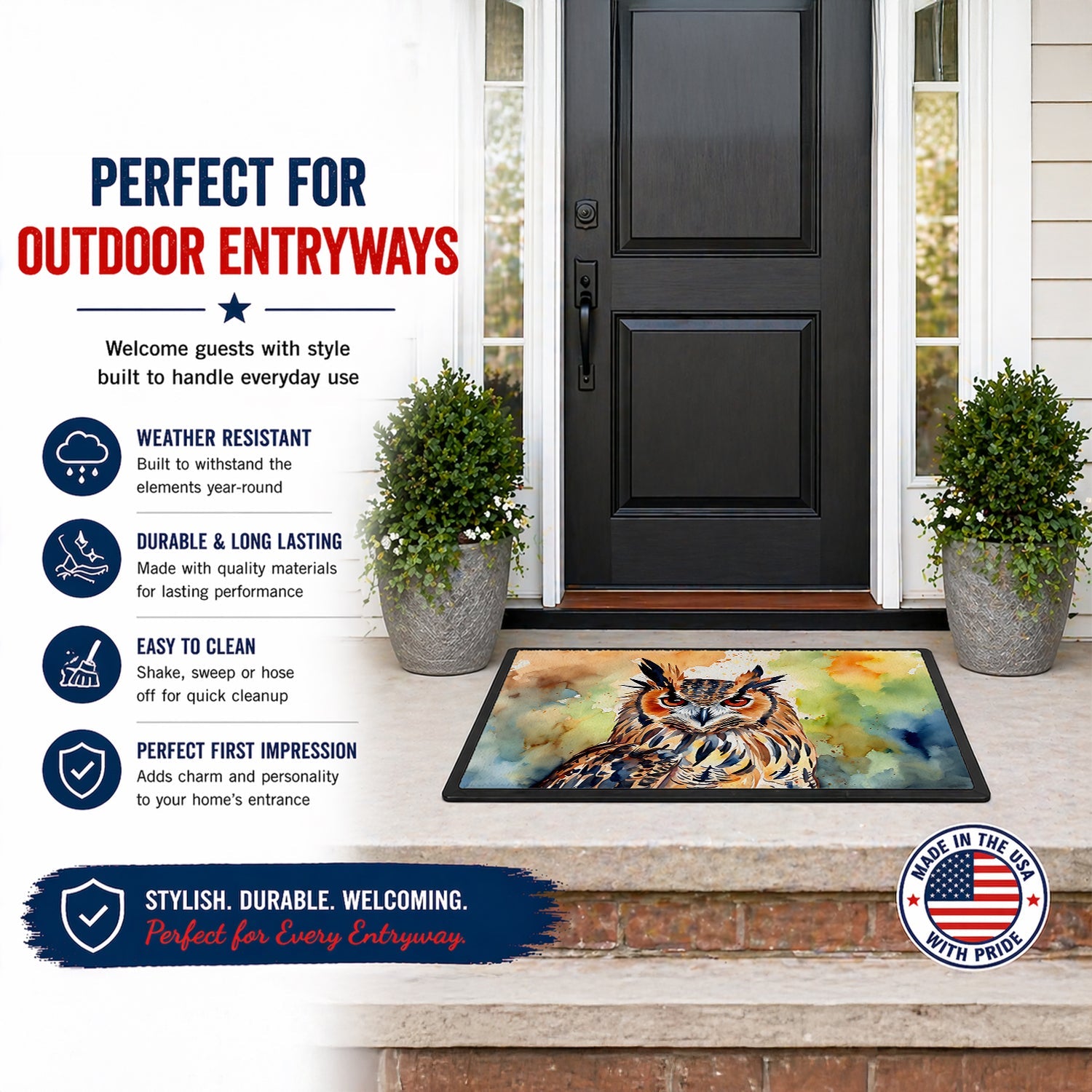 Eurasian Eagle Owl Close-Up Portrait Doormat Indoor Outdoor 24H X 36W Front Door Mat Rugs for Entryway, Non Slip Washable Low Pile,