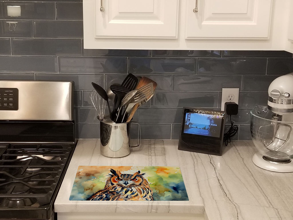 Eurasian Eagle Owl Close-Up Portrait Cutting Board Tempered Glass Kitchen Cutting Surface, Heat Resistant Chopping, Non-Slip Feet, Food Prep & Serving