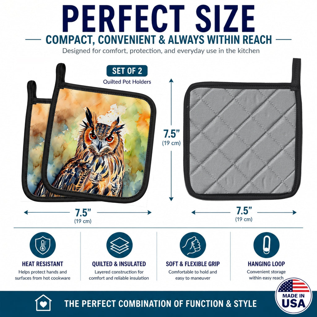 Eurasian Eagle Owl Close-Up Portrait Pot Holder Set of 2 Heat Resistant Quilted Hot Pads 7.5 x 7.5 Inch, Insulated Kitchen Trivets for Cooking & Baking
