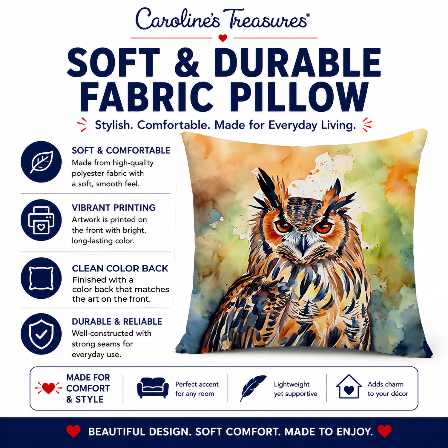 Eurasian Eagle Owl Close-Up Portrait Decorative Throw Pillow 18x18 Indoor Outdoor Accent Cushion, Fabric Cover with Insert for Sofa, Bed, Porch & Living Room