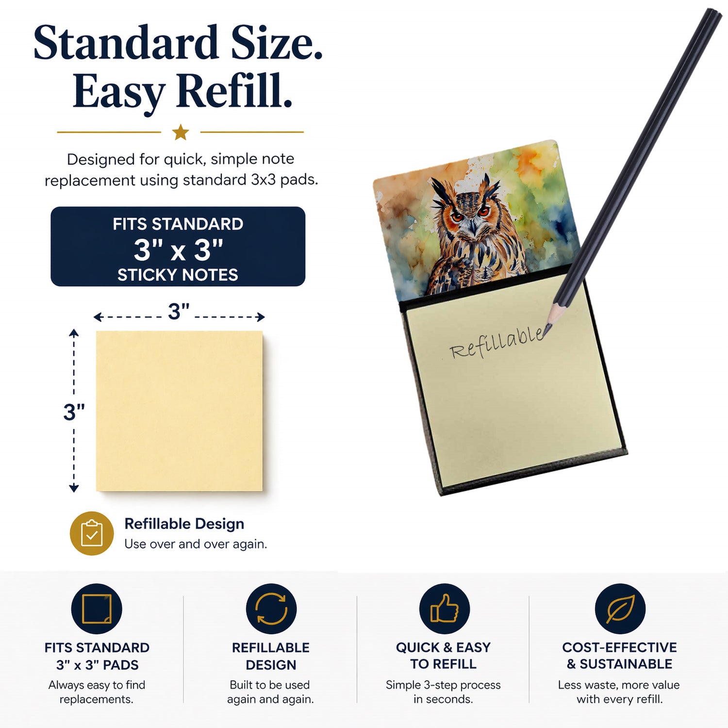 Eurasian Eagle Owl Close-Up Portrait Watercolor Sticky Note Holder Refillable Dispenser Desk Accessory 3x3 Pad Gift