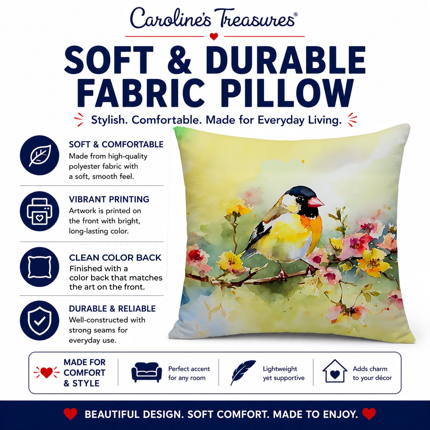 American Goldfinch on Blossom Branch Decorative Throw Pillow 14x14 Indoor Outdoor Accent Cushion, Fabric Cover with Insert for Sofa, Bed, Porch & Living Room
