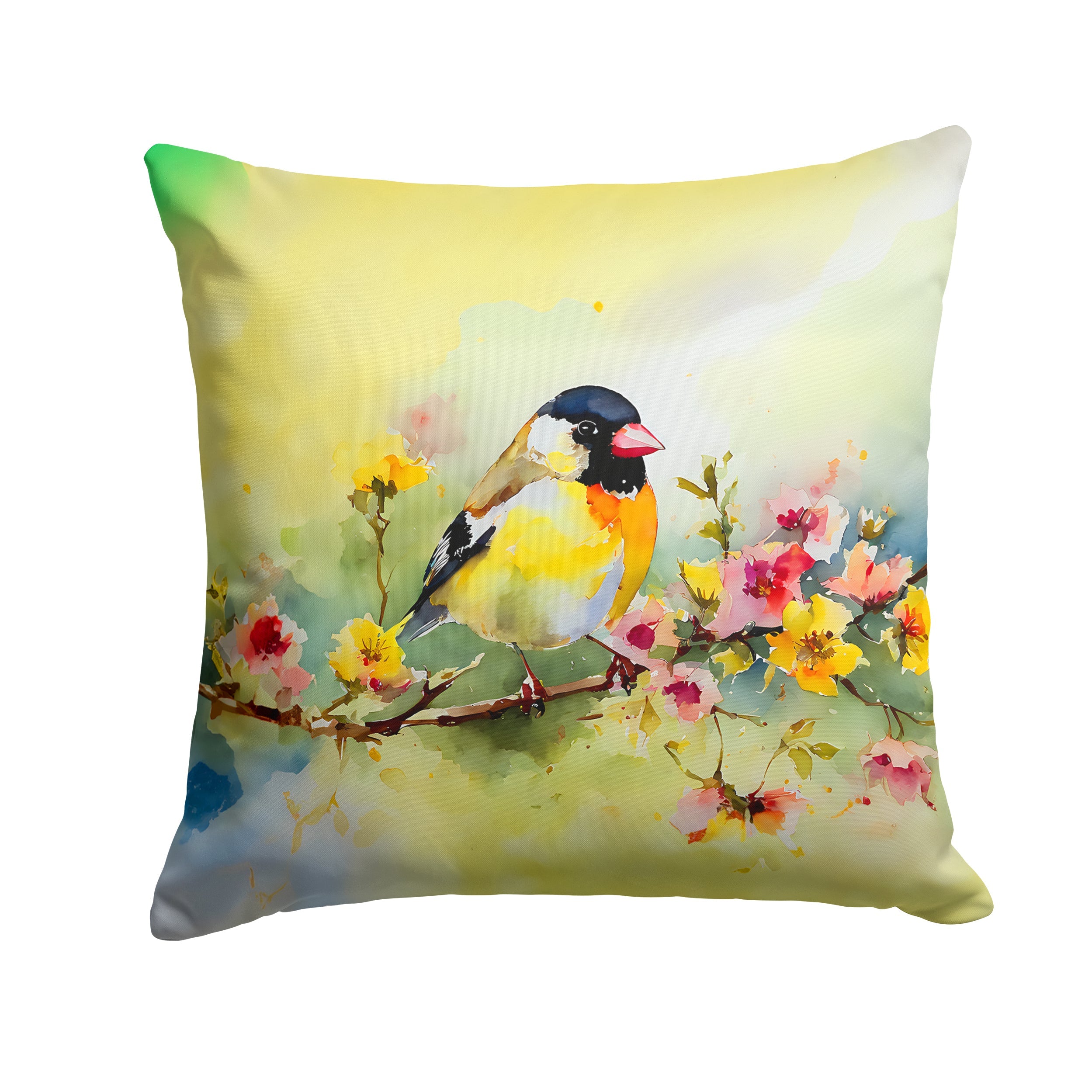 American Goldfinch on Blossom Branch Decorative Throw Pillow 14x14 Indoor Outdoor Accent Cushion, Fabric Cover with Insert for Sofa, Bed, Porch & Living Room