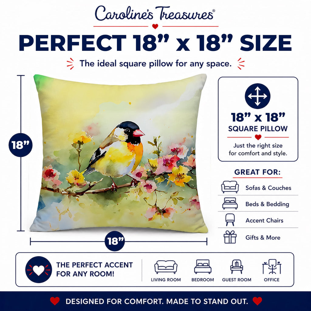American Goldfinch on Blossom Branch Decorative Throw Pillow 18x18 Indoor Outdoor Accent Cushion, Fabric Cover with Insert for Sofa, Bed, Porch & Living Room