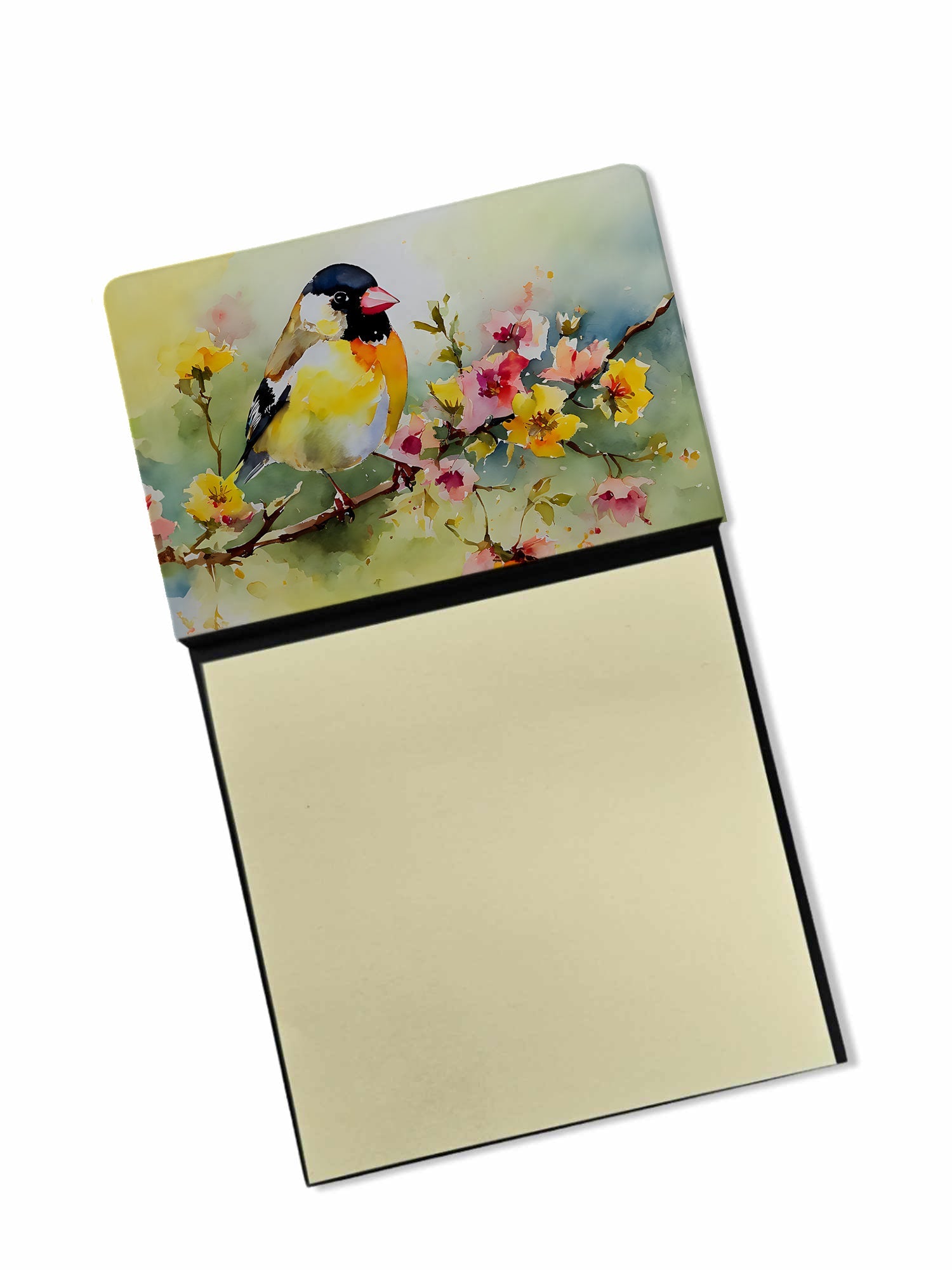 American Goldfinch on Blossom Branch Watercolor Sticky Note Holder Refillable Dispenser Desk Accessory 3x3 Pad Gift