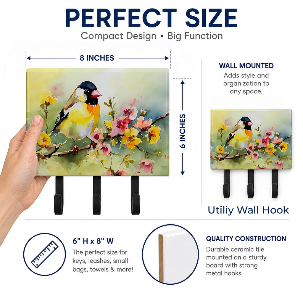 American Goldfinch on Blossom Branch Leash or Key Holder Wall Hooks, Coat Rack Wall Mount, for Hanging Keys, Towels, Aprons, Leashes